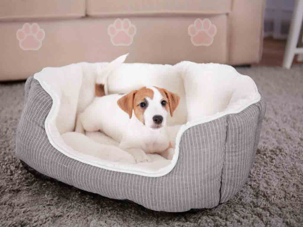 The puppy sits on his bed