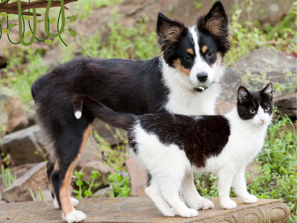 Australian Shepherds and cat